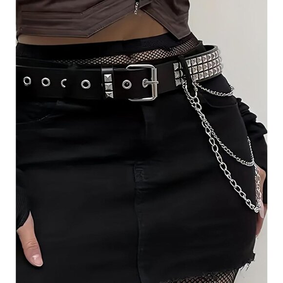 Women Punk Belt with Chain Rave Leather Belt Goth Accessories Belt With 3 Chain - Picture 3 of 8